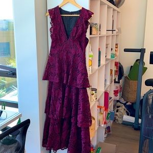 Burgundy lace ruffled tiered sleeveless maxi dress